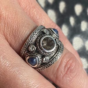 Bali smokey quartz and lapis Sterling silver ring